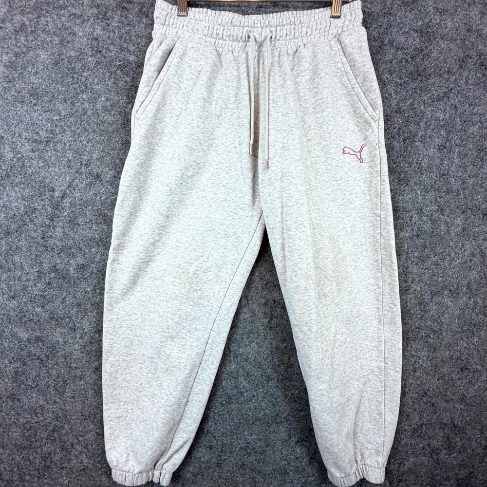 Puma Jogger Sweatpants Womens Medium Heather Gray Pink Logo Fleece Gym Training